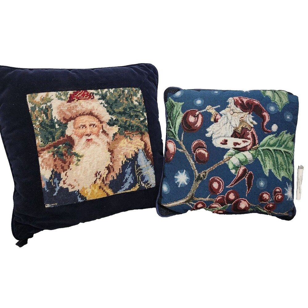 Christmas Santa 13x13 Velvet Painting Elf 11"x11" Cotton Needlepoint Pillow Set